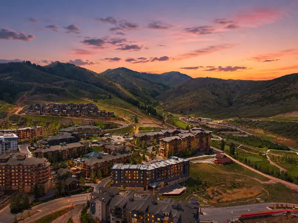 Aerial view of Canyons Village resort at sunset, Park City, Utah